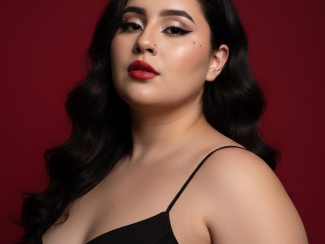 GraceYuly has long, wavy black hair and a fair skin tone. She wears a black spaghetti-strap top, and her makeup includes bold red lipstick and dramatic winged eyeliner. A small beauty mark is visible on her right cheek. Her expression is neutral, slightly looking to the side. The background is a solid dark red, contrasting with her skin and hair. The image has a polished, professional look with a focus on GraceYuly's facial features and makeup.