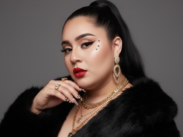 GraceYuly with black ponytail, red lipstick, star makeup on cheek, gold earrings, black fur coat, ring, nail polish, and necklace, looking down with hand near face.