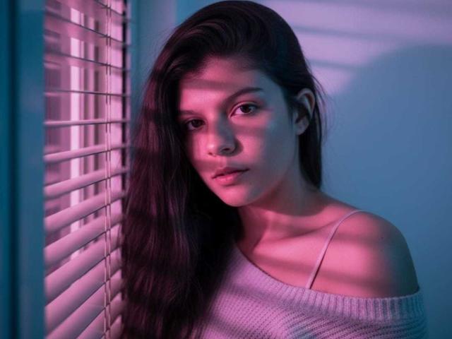 RilleyFoyx with long brown hair, pinkish-blue light, off-shoulder white sweater, looking serious, near window blinds, shadow on face, slim, cute, tits partially visible, soft pink glow.