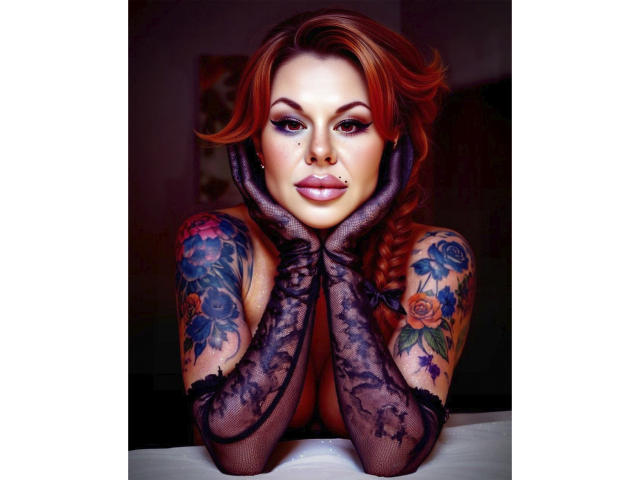 MissTwinkleX has bright red hair in a loose braid, heavily tattooed arms with vibrant floral tattoos, and wears black lace gloves. She rests her head on her hands, looking directly at the camera with a neutral expression. She has a septum piercing and a small stud on her right lower lip. The tattoos include blue, red, and pink flowers. The image is a high-quality photograph with a dark, slightly blurred background. Her makeup is bold, with dark eyeliner and eyeshadow. The overall style is modern and edgy.