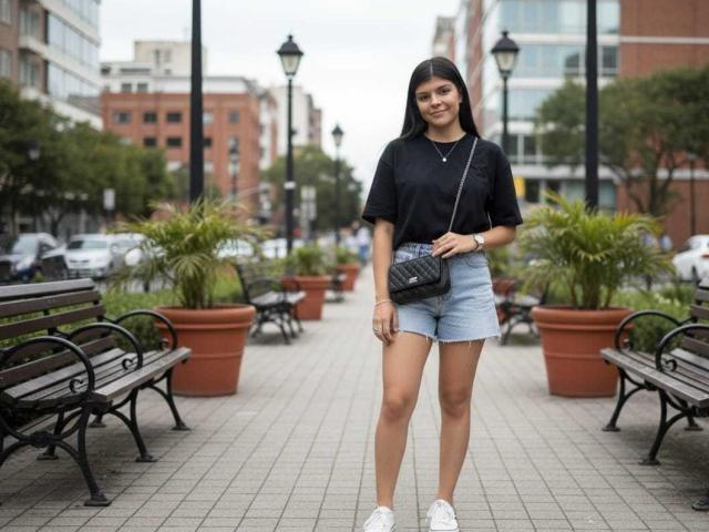 RilleyFoyx, com cabelo preto longo, camiseta preta, shorts jeans azuis, bolsa transversal preta, tênis brancos, em pé em um caminho de tijolos, sorrindo, cercada por bancos e plantas em vasos..