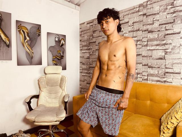 Shirtless Bracth with curly black hair, tattoos on left arm, wearing patterned boxer shorts, standing in front of yellow couch, white chair, and wall art. Bracth's abs are visible.