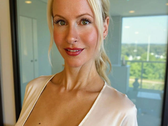 BlondeHexe-hot with green eyes, red lipstick, and a subtle smile, wearing a silky white top, has small tits and a slender neck, with blonde hair in a ponytail.