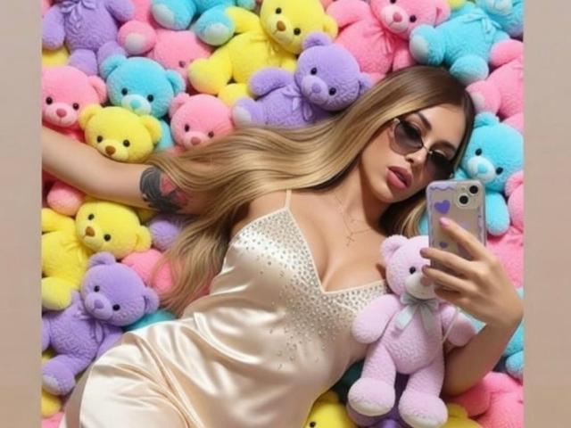 HiraRodia lies among colorful stuffed bears, holding a phone with a purple heart design. She has long, straight blonde hair, wears dark sunglasses, and a shiny, pale pink satin dress with sparkling embellishments. Her right arm has a visible tattoo. She holds a small, purple stuffed bear near her face. The composition is vibrant with a mix of yellow, pink, blue, and purple bears. Her expression is neutral, focused on her phone. The image is highly saturated with a focus on bright, playful colors.