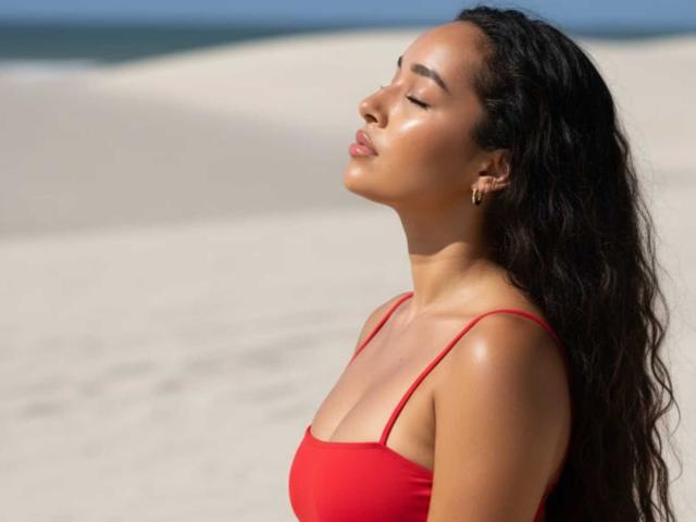 AlissonCoopper with closed eyes, wearing a red tank top, has her head tilted back, showing her shiny skin and small tits, with long wavy black hair and gold earrings.
