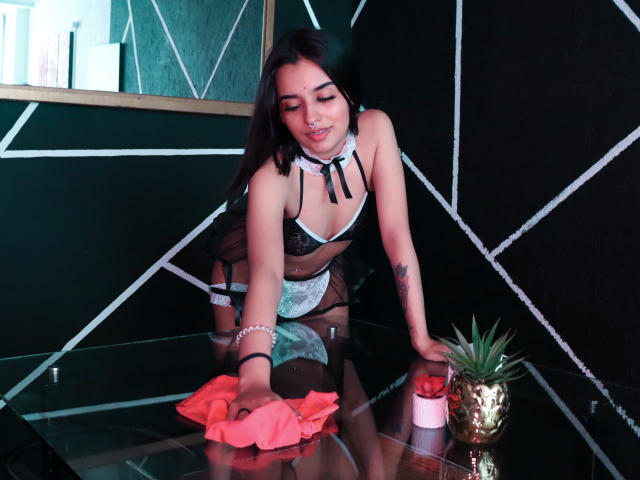 AtheneaOwenss, with long black hair, wearing black lace lingerie, leans on a glass table, wiping with a red cloth, holding a small plant, showing her tits and a tattoo.