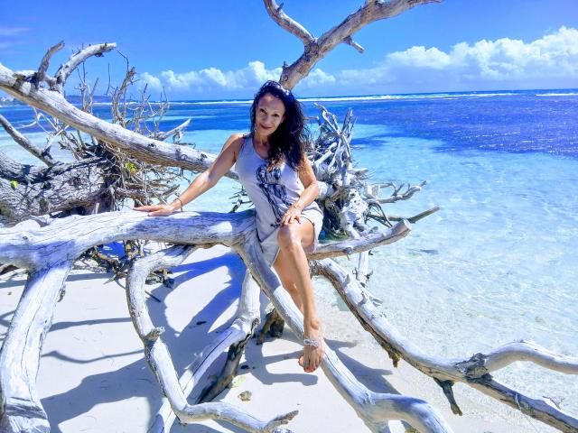 LylyFrench sits on a large, weathered, white driftwood tree against a clear blue ocean. She has long, dark hair and wears a gray sleeveless dress with a black graphic. Her right hand rests on the driftwood, and her left hand is on her knee. She has a relaxed, confident smile. Her feet are bare, with a small anklet on her right ankle. The bright blue sky and calm ocean form the background. The image has a watermark in the bottom right corner. The overall composition is vibrant and tropical.
