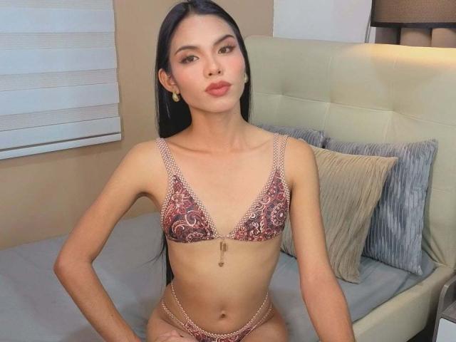 CassandraWise, a slim woman with long black hair, sits on a bed wearing a patterned pink and brown bra with chain details and matching thong. She has light skin, small breasts, and a chain hanging from her bra. Her hands rest on her hips, and she has a neutral expression. She wears small gold earrings. The bed has a beige headboard, gray pillow, and white blinds in the background. The lighting is soft.