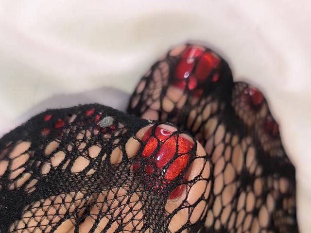 ChristineBray's feet with shiny red toenails, covered in black fishnet stockings. The netting is tight, showing the shape of her toes. The texture is slightly fuzzy.