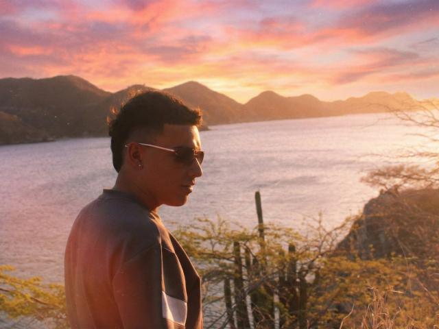 ZairaAndres with short dark hair, sunglasses, and a grey shirt, standing in a sunset with orange and pink clouds, looking side profile, near a cactus and water.