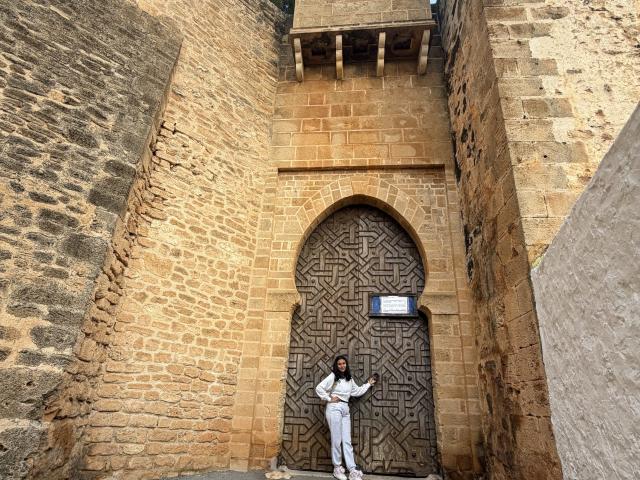 SarahPrincess è in piedi di fronte a una massiccia porta di pietra, riccamente decorata con motivi complessi, indossa un abito bianco, ha le braccia incrociate e un'espressione rilassata e sicura di sé. È circondata da antiche pareti dalla superficie ruvida..
