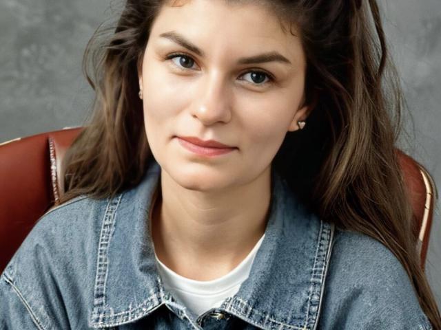 BluesStar with blue eyes, slightly wavy brown hair, wearing a denim jacket over a white shirt, sitting on a red leather chair, looking directly at the camera.