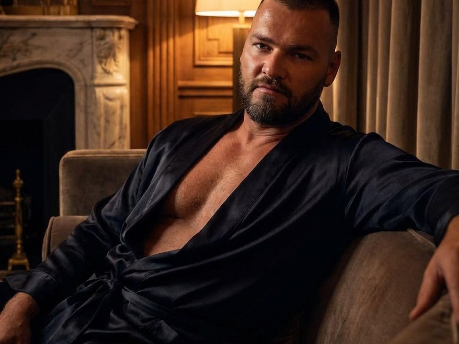 BrianJohnson's muscular, bearded chest is visible in a deep black silk robe, sitting on a couch with a serious, slightly sexy expression. Warm light highlights his strong, attractive face.