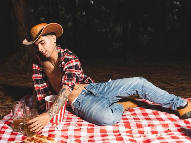 AlexZT, shirtless, in a red and white checkered blanket, wearing a brown cowboy hat, blue jeans, and brown boots, lying down, tattooed arm, holding a beer, forest setting.