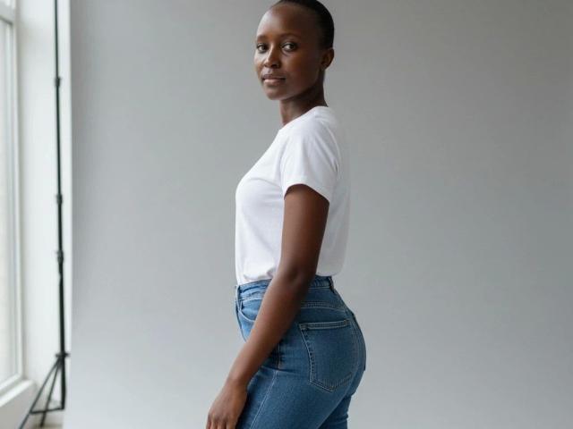 EbonyBella-hot has dark skin, short hair, wearing a white t-shirt and high-waisted blue jeans, standing sideways with a slight smile, showing her ass and small tits.