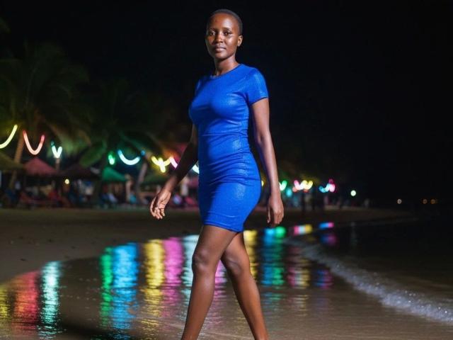 EbonyBella-hot in a tight blue dress, walking on a wet beach at night, with colorful reflections on the sand, her dark skin and toned body standing out.
