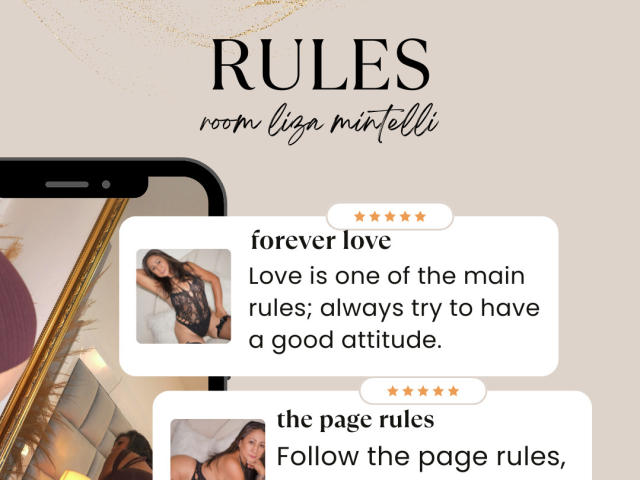 LizaMintelli's tits are in a black lace lingerie set, lying on a bed, with a seductive look. Her text says "forever love" and "follow the page rules."