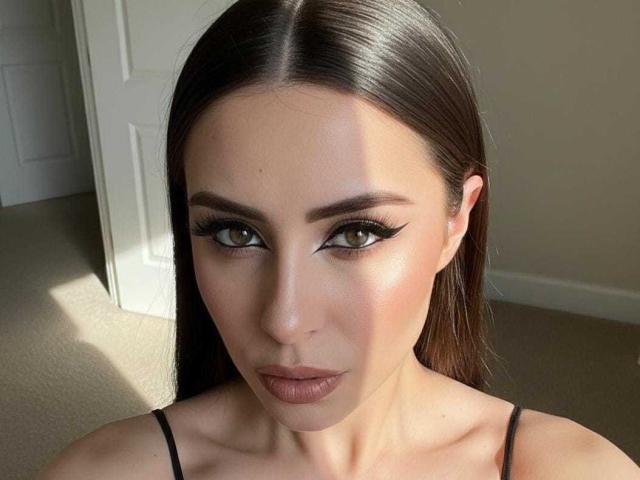 KimyR has long brown hair, green eyes, and is staring directly at the camera with a serious expression. She's wearing black eyeliner and has a shiny, smooth complexion.