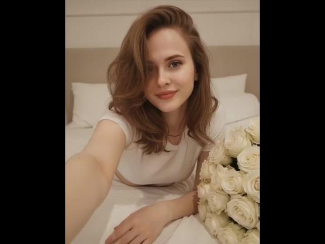 VictoriaAlarie with wavy brown hair, white shirt, and subtle smile, holding a bouquet of white roses, taking a selfie from bed, her small tits slightly visible, soft light.