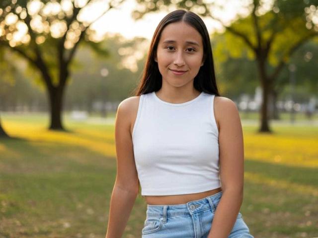 AnnieBlakke with long black hair, small tits in a white sleeveless crop top, and light blue jeans, standing in a park with a soft smile.