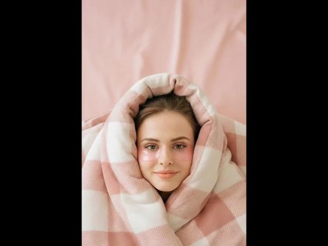 VictoriaAlarie's face is covered in a pink and white striped blanket, looking cute with pink cheeks, and a subtle smile. She has light brown hair and blue eyes.