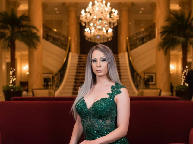 Amybabyporn-hot with long grayish-brown hair, wearing a green lace dress with deep cleavage, sitting on a red velvet sofa, looking directly at the camera.