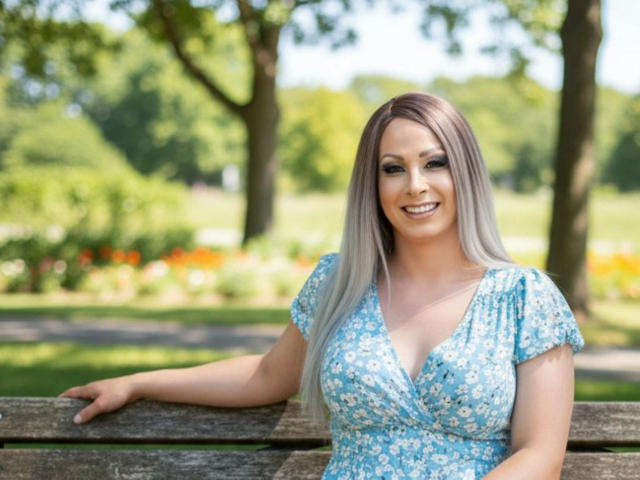 Amybabyporn-hot with long, straight, blonde hair, wearing a blue floral dress, smiling, leaning on a wooden bench, showing her tits, in a sunny park.