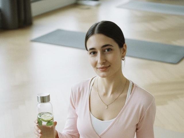 MoonLiza with dark hair in a pink long-sleeve top, holding a bottle of green liquid, smiling, small tits, white tank top, wooden floor, gray mats in the background.