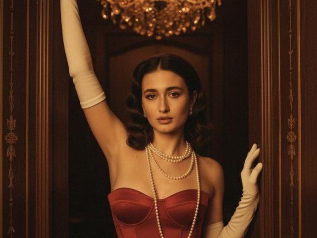 MoonLiza stands in a doorway, wearing a red strapless dress, white gloves, and pearl necklaces, with arm raised, showcasing her tits and elegant, vintage, sultry look.