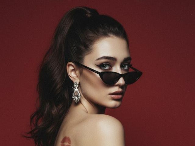 MoonLiza with dark ponytail, wearing black sunglasses, diamond earrings, and no top, showing her ass, against a red background. Her green eyes and full lips stand out.
