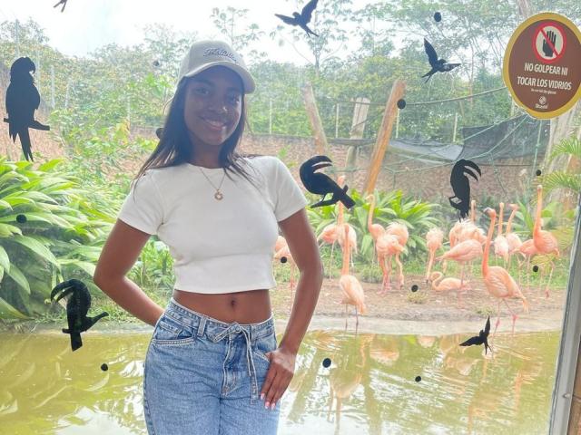 HazelClark with dark skin, medium tits, white crop top, blue jeans, white cap, smiling, standing by glass, flamingos and black birds outside. Her hand on her hip.