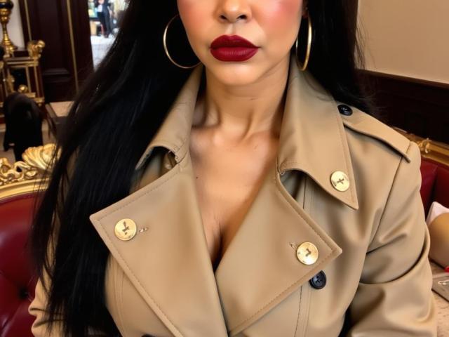 AngelinaDeleon with dark red lipstick, wearing a tan trench coat, showing her large tits, gold buttons, and gold hoop earrings, sitting on a red leather chair.