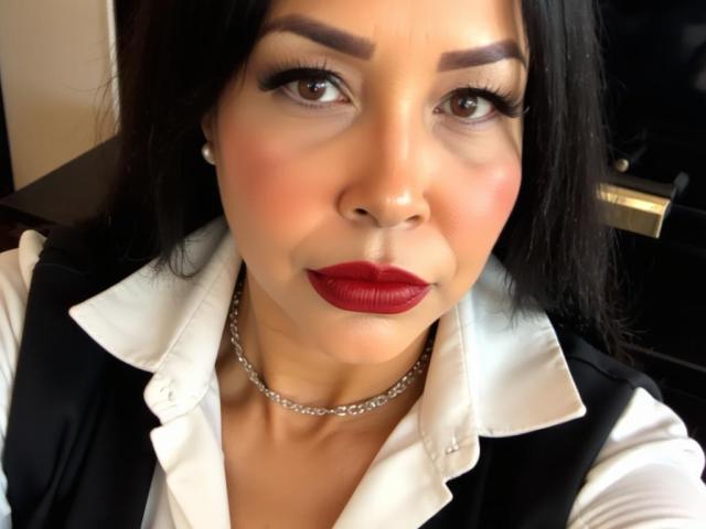 AngelinaDeleon with dark hair, bold eyebrows, red lipstick, white shirt, black vest, silver necklace, and pearl earrings, looking at the camera with a slight smile.