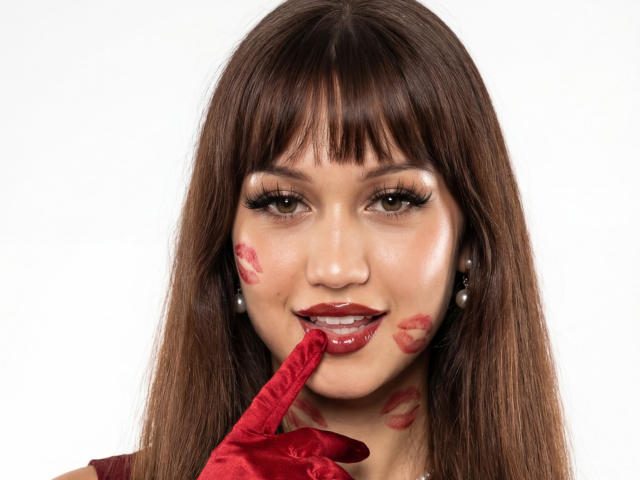 Portrait of TiffanySweetex with straight brown hair, bangs, and pearl earrings. She has red lipstick, matching red lipstick marks on her cheek and chin, and is touching her lip with a red-gloved finger. Her eyes are lined with thick black eyeliner, and she has long, thick eyelashes. The white background is plain, emphasizing her facial features and the red marks and gloves. The image uses bright, contrasting colors and a close-up composition.