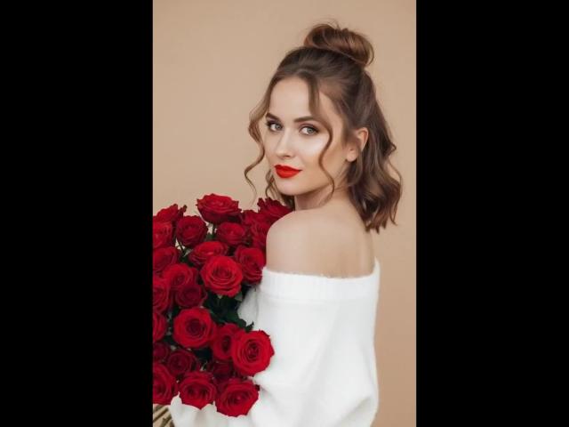 VictoriaAlarie with red roses, off-shoulder white sweater, red lipstick, brown hair in bun, holding bouquet, looking over shoulder, soft smile, bare shoulders, sexy, elegant, pretty.