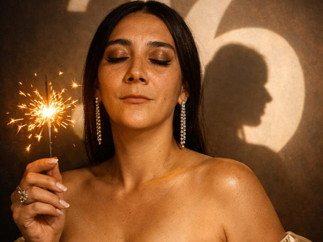 DevhaSexy holding a sparkler, eyes closed, with tan skin, long dark hair, and diamond earrings. She's topless, showing her tits, with a ring on her right hand.