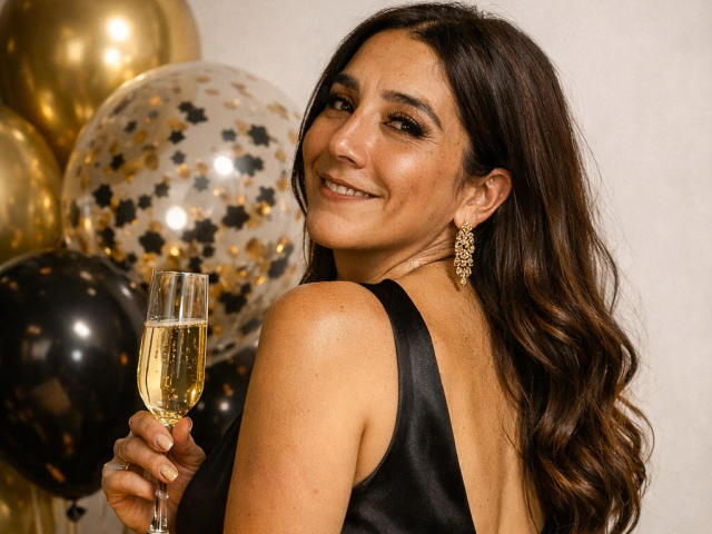 DevhaSexy met lang bruin haar, lachend, met een champagneglas in haar hand, gekleed in een zwarte leren jurk, met achter haar ballonnen in goud met een sterrenpatroon en effen gouden ballonnen, en met sierlijke gouden oorbellen..