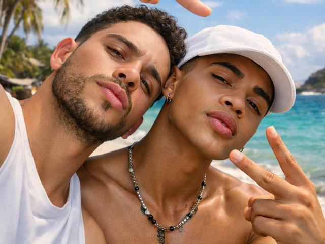 LiorandAxel has curly dark hair, a beard, and is wearing a white tank top, leaning on LiorandAxel with a white cap, necklace, and making a peace sign.
