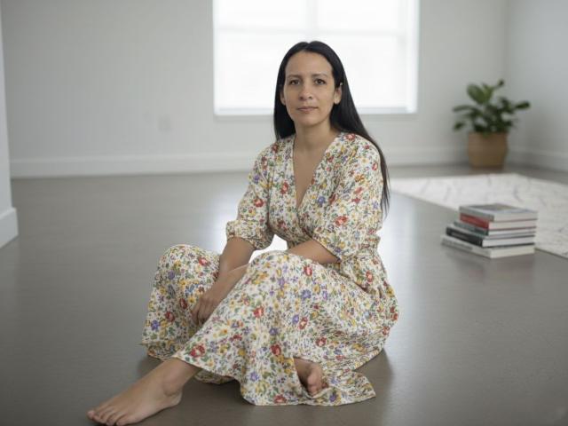 CharlotteAshford is sitting on the floor in a floral dress, barefoot, with long black hair, and a subtle smile. She has small tits and a cute face.