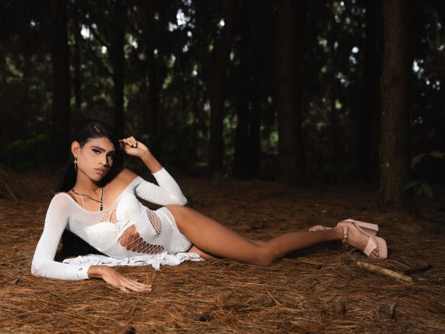 LissyAndrade with dark hair, white mesh dress, and pink heels, lying on pine needles, showing her tits through the dress, forest background, looking at the camera.