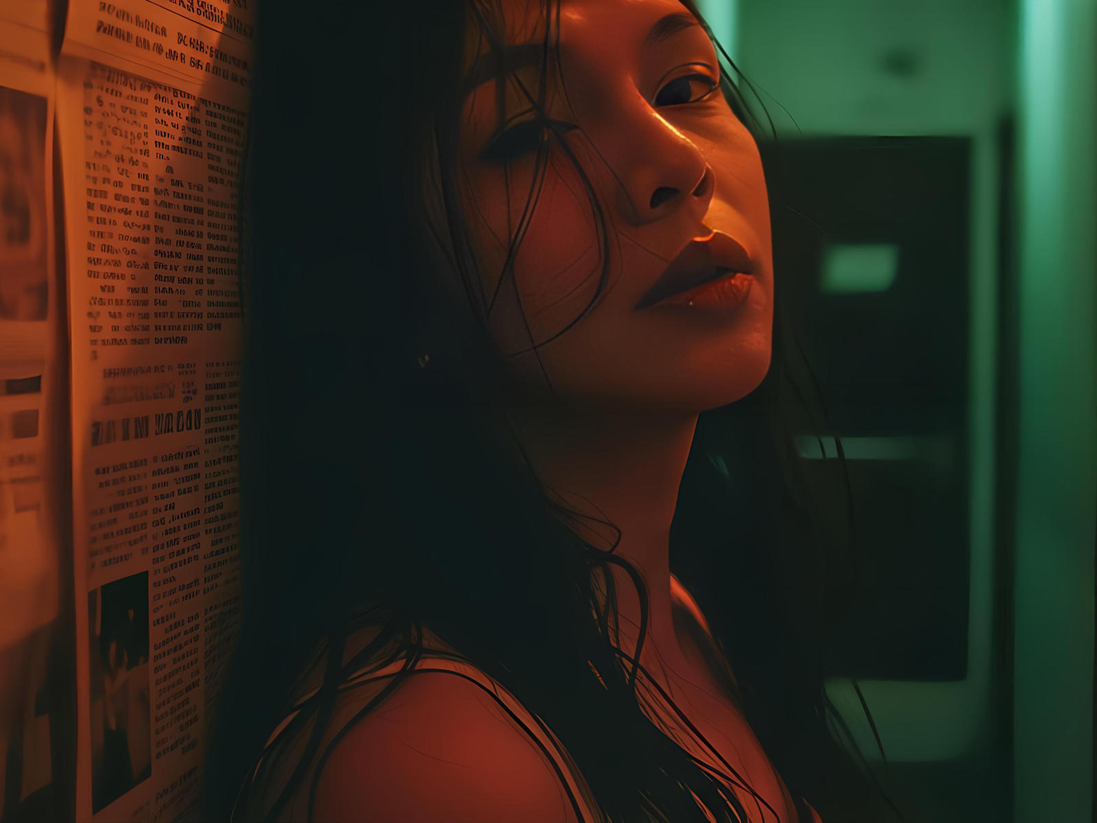 Close-up of EdgingLina, a young Asian woman with long, wet black hair, leaning against a wall. Warm, orange-green lighting casts dramatic shadows on her face. Her eyes are slightly downcast, and her lips are slightly parted. She has a small nose ring on her left nostril. Her skin is smooth and her expression is neutral. The background is blurred, with a newspaper poster on the left and a dark, indistinct area on the right. The composition emphasizes the contrast between the warm and green lights. The overall style is moody and atmospheric.