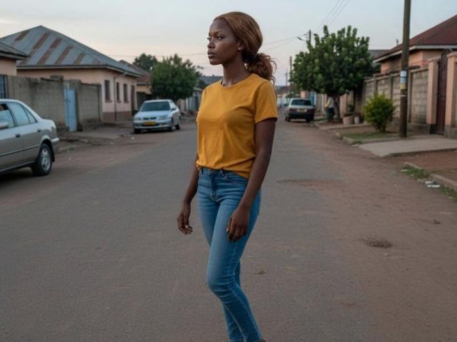 EbonyDivaa-hot, dark-skinned, with brown hair in a ponytail, wearing a yellow shirt and blue jeans, walking on a suburban street, looking to the side.