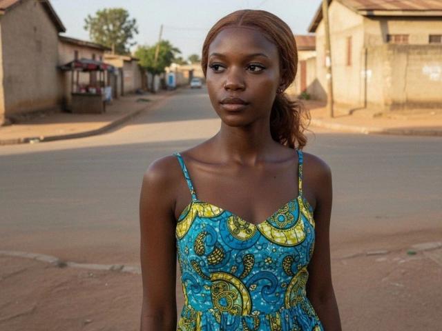 EbonyDivaa-hot stands in a dusty street, wearing a blue and yellow patterned dress, her brown hair in a simple ponytail, with a serious, calm expression on her face.