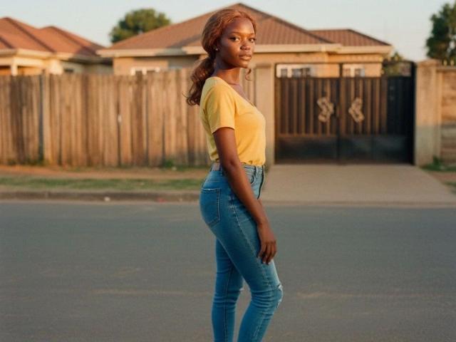 EbonyDivaa-hot with dark brown skin, red curly hair, yellow tee, and blue high-waisted jeans, standing in profile, looking at camera, hands by sides, on suburban street.