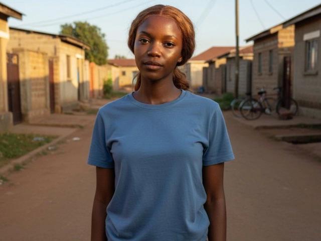 EbonyDivaa-hot with dark brown skin, small tits, and auburn hair, wearing a blue t-shirt, standing on a dirt road, with a bicycle in the background.