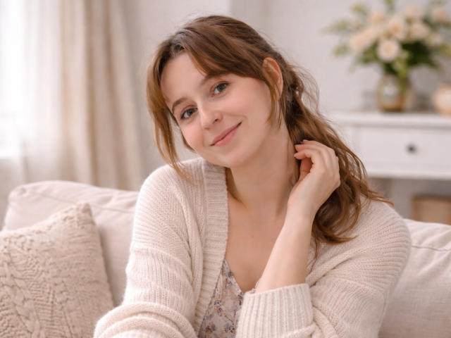 SofiaLuxury is a young woman with fair skin and light brown hair in a loose ponytail. She has a slight smile and is looking directly at the camera. She wears a beige knitted cardigan over a floral dress. Her right hand is touching her neck. The background is softly lit with a white dresser and a vase of flowers. The image has a warm, natural light. Her hair is slightly messy, and her facial features are relaxed. The composition is focused on SofiaLuxury's upper body. The texture of the cardigan is prominent. The overall style is casual and inviting.