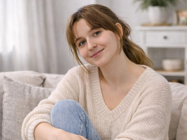 SofiaLuxury, a young woman with fair skin and brown hair in a loose ponytail, sits on a beige couch. She wears a cream-colored, knit sweater and light blue jeans. Her brown eyes and subtle smile are relaxed. The soft texture of her sweater contrasts with the couch's fabric. A white shelf with a potted plant is blurred in the background. The image uses natural light.