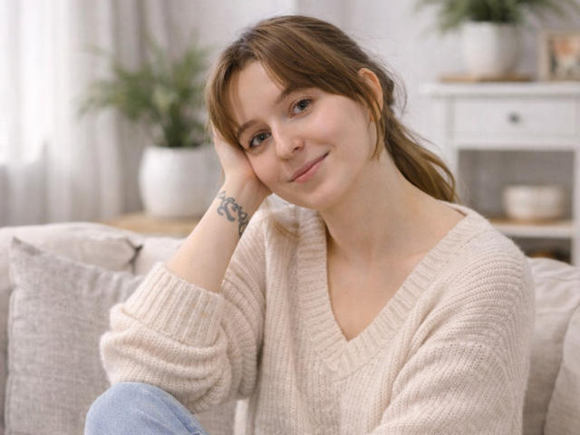 SofiaLuxury, a young woman with light brown hair in a ponytail, sits on a beige couch. She wears a beige, chunky-knit sweater and light blue jeans. Her right hand rests on her cheek, showing a small tattoo on her wrist. She has fair skin, light blue eyes, and a slight smile. The soft, natural light highlights her relaxed, casual demeanor. The background is blurred, featuring a white shelf with a potted plant and other small decorative items. The overall composition is warm and inviting.