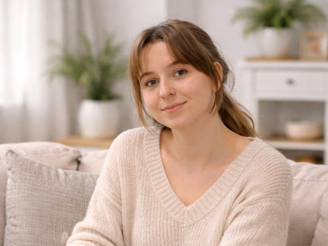 SofiaLuxury, a young woman with light brown hair in a ponytail, smiles softly. She wears a beige knit V-neck sweater. Her skin is fair, and she has light brown eyes. The background is blurred, featuring white curtains and potted plants on a shelf. The image is a photograph with soft, natural lighting highlighting SofiaLuxury's relaxed, approachable demeanor. Her casual, cozy appearance contrasts with the subtle, modern decor.