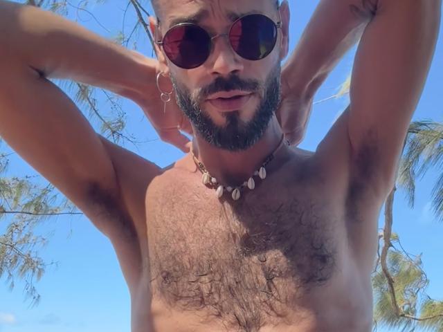 HairyBreeder, shirtless with hairy chest, wearing red sunglasses, hoop earring, and shell necklace, looking down with hands behind head, blue sky and palm leaves in background.